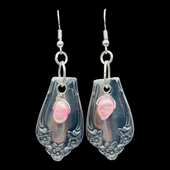 Handcrafted Spoon Earrings With Pink Freshwater Pearls & 925 Silver Hooks - Picture 10 of 11